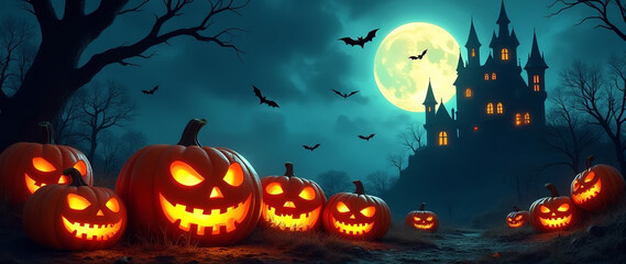 This spooky Halloween scene features glowing Jack-o'-lanterns in the foreground with eerie smiles, illuminated from within. In the background, a haunted castle with bright windows towers over the land