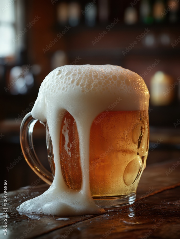 Poster A close-up of a frothy beer mug spilling foam on a rustic wooden table in a cozy pub setting. Generative AI