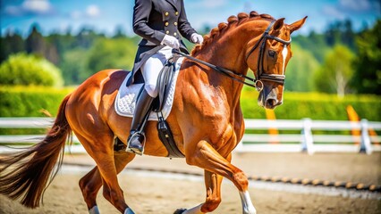 Obraz premium Elegant Dressage Horse Trotting in Action During a Competitive Equestrian Event on a Sunny Day