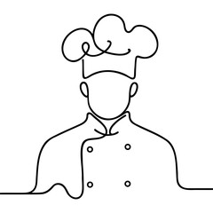 continuous line drawing of professional chef man on white background