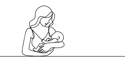 Woman holding baby in one line style. Vector illustration
