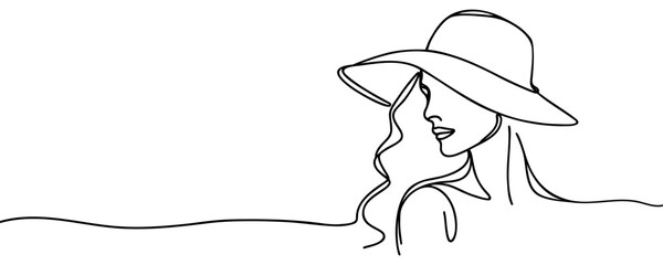 Minimalistic silhouette of woman or girl on a hat silhouette. Background. One line drawing.