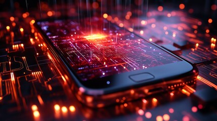 Holographic projection on a mobile phone, futuristic, immersive, vibrant colors, interactive, technology, augmented reality, 3D visuals, sleek design