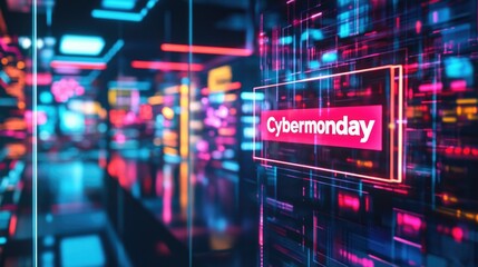 Obraz premium Futuristic neon lights reflecting in glass panels featuring cyber monday deals concept