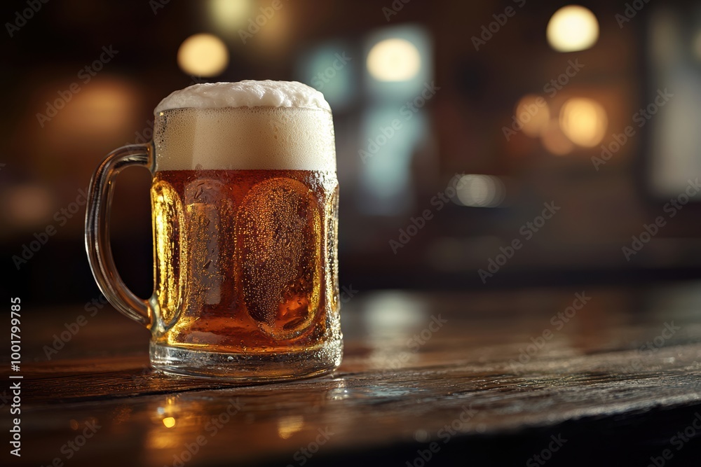 Poster A frothy mug of beer overflowing on a rustic wooden table in a cozy pub setting at dusk. Generative AI