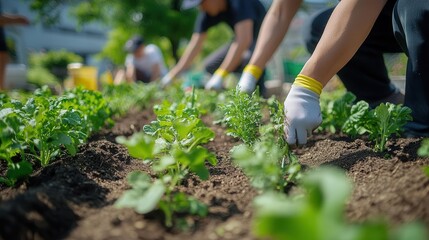A community garden initiative with volunteers planting crops, surrounded by modern urban architecture and eco-friendly design elements  Urban Nature  Realism  Bright Colors