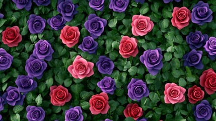 Fototapeta premium Floral Wallpaper with purple, pink, and orange roses in a romantic summer background.