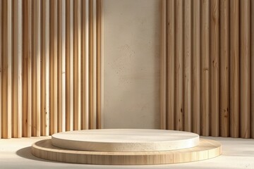 Modern minimalist display podium in a serene wooden interior with soft lighting creating a calming atmosphere. Generative AI