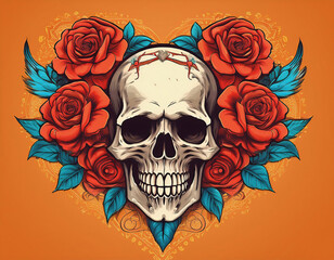 Fototapeta premium Gothic sign with human skull, red rose design t-shirt print, vector illustration