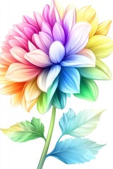 Fototapeta premium On a white gray background, a fresh multicolored gerbera flower is on a stalk with green leaves