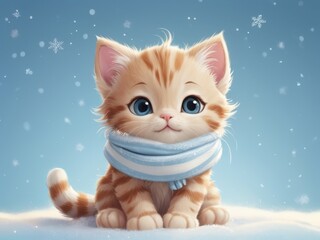 A cute orange and white cat is sitting on a snowy surface with a blue