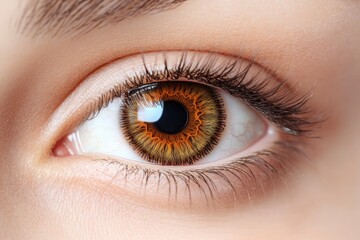 Obraz premium Human brown eye supermacro closeup background. Color contact lens concept with generative ai