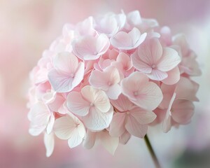 Arrangement of pink and white hydrangea flowers in the background