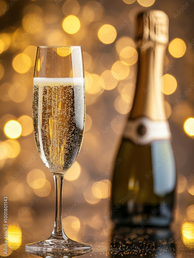 Poster toast to celebration with a flute of sparkling wine and a bottle of champagne against warm bokeh lig
