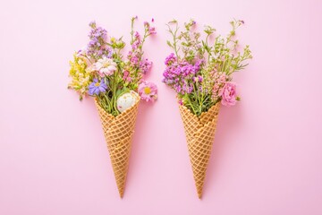 An edible flower and an ice cream cone on a red background