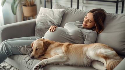 Obraz na płótnie Canvas A pregnant woman rests at home on a sofa with a relaxed Golden Retriever lying beside her, enveloped in warm lighting and a cozy atmosphere.