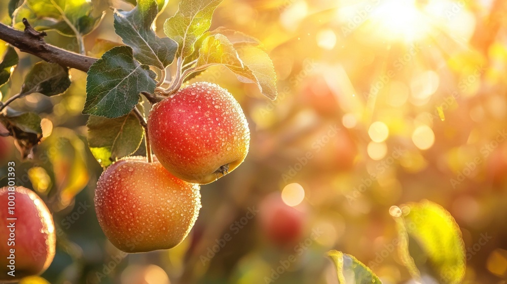Canvas Prints apples on tree branch with sunlight and water droplets