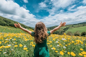 Naklejka premium Yellow flowers appear in the background of this portrait of a little girl wearing a dress