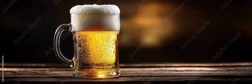 Aufkleber A close-up of a frothy beer mug with foam spilling over the edges on a rustic wooden table at a cozy pub. Generative AI