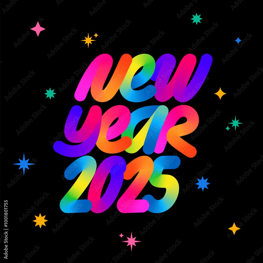 Poster bright new year card with colorful letters and stars. vector 2025 happy new year illustration. neon 