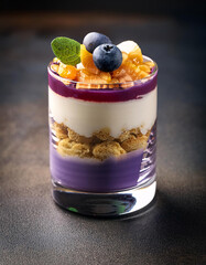 A layered dessert with purple mousse, yogurt, granola, and fresh fruit