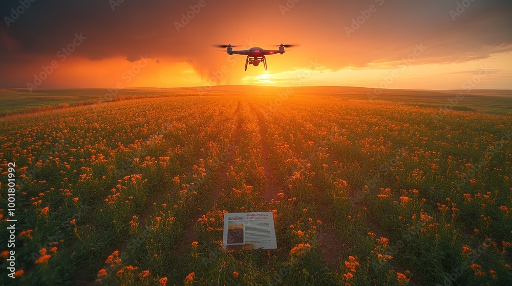 Canvas Prints Drone flying over a field of orange flowers at sunset with a tablet on the ground.