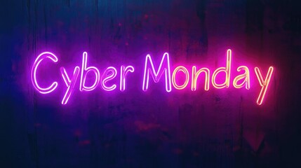 Vibrant neon cyber monday sign glowing on dark grunge background to highlight shopping deals concept