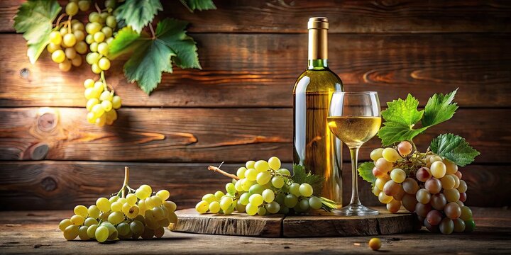 Elegant Wine List Design Featuring Sweet White Grapes, Bottle Screw, and Rustic Background Elements