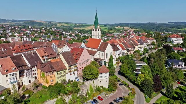 Aerial view of the town of Engen in Hegau with the historic old town, district of Constance, Baden-W&uuml;rttemberg, Germany, Europe