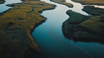 Aerial View of Winding River and Lush Wetlands