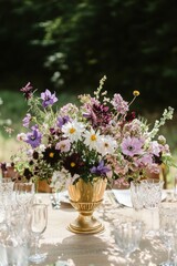 Obraz premium A yellow vase arranged with green and purple flowers rests on a wooden table filled with empty champagne glasses