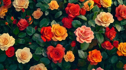 Fototapeta premium A floral background with blue, pink, and yellow roses, rendered in 3D.