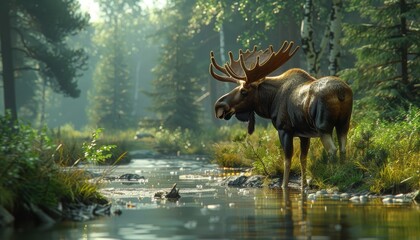 Moose standing by forest stream in peaceful woodland
