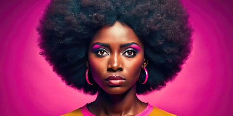 Fototapeta premium Emotional African American Woman with Afro Hair Frowning at Something Disturbing Against Pink Background