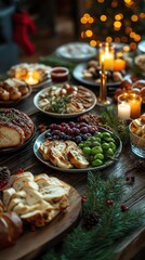 A gourmet holiday feast with artfully plated dishes, glistening in warm candlelight, captured on a rustic wooden table with festive decorations  Warm Tones  Realism  High Detail