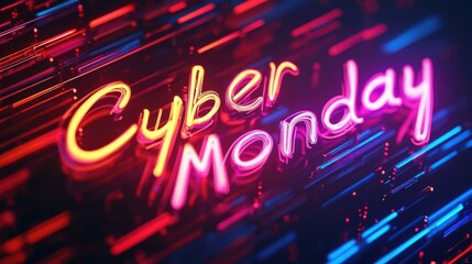 Naklejka premium Neon cyber monday sign glowing in vibrant colors with digital background showcasing online shopping concept