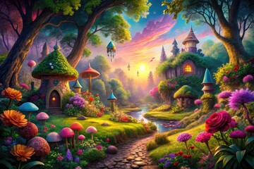 Obraz premium Enchanted Fairytale Background with Magical Forest, Colorful Sky, and Whimsical Elements Design