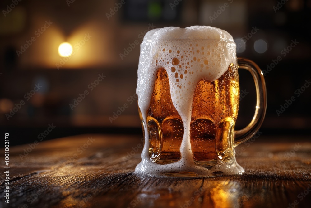 Poster A close-up of a frothy beer mug with foam spilling over on a rustic wooden table in a cozy setting. Generative AI