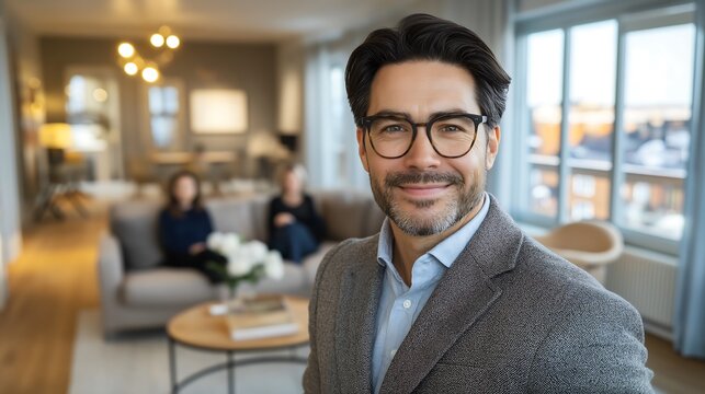 A unpolished causual photo portrait taken as a selfie. A young father with dark hair and beard stands in front of his family who sits on sofas around him smiling at camera