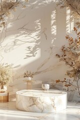 Elegant minimalist interior with marble decor and soft sunlight casting delicate shadows in a serene space. Generative AI