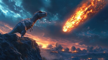 Naklejka premium Cosmic collision: the fall of an asteroid with its fragments, depicting the destruction and chaos unleashed upon dinosaurs, symbolizing the end of an era through powerful imagery of nature's force.