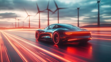 Naklejka premium A sleek electric vehicle driving along a futuristic, solar-powered highway with glowing lane markers and wind turbines in the distance Futuristic Neon Motion Blur
