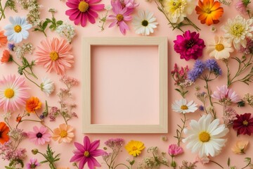 Obraz premium The image shows fresh blooming flowers in various colors as they surround an empty wooden photo frame against an orange backdrop