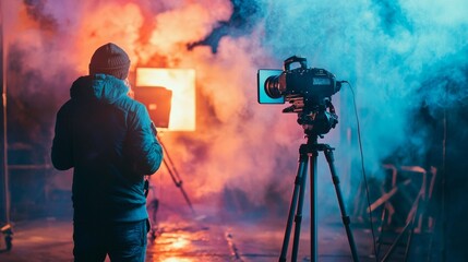 Fototapeta premium Film set with camera and smoke effects