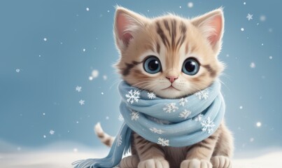 Fototapeta premium A cute orange and white cat is sitting on a snowy surface with a blue
