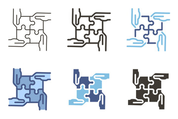 Hands connecting puzzle pieces vector icon. Collaboration, teamwork, partnership. Problem solving and strategy graphic element.