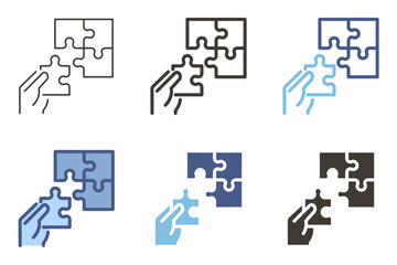 Puzzle with hand holding missing piece vector icon. Solution, strategy, collaboration. Problem-solving graphic element.