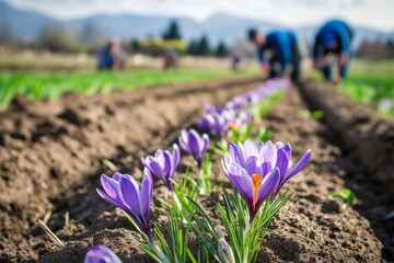 The saffron field is blooming with vibrant purple flowers and blurry unrecognizable harvesters in the background