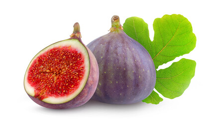 Cut fresh figs with a leaf isolated on white