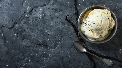 Overhead View of Vanilla Ice Cream in Vintage Bowl with Vanilla Pods
